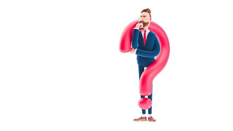 Question mark and  Billy cartoon businessman character on white background. 3d render illustration. Looped video. 