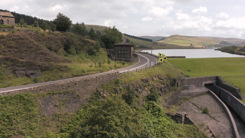 Aerial view of Torside and Woodhead Reservoir and Dam, the largest man made lake in Longdendale, North Derbyshire.