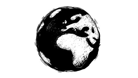 Earth. Black and white whiteboard hand drawn doodle crazy pulsing globe. Fully hand drawn, dynamic, cartoon animation on white background for any use. Seamless loop, alpha channel.
