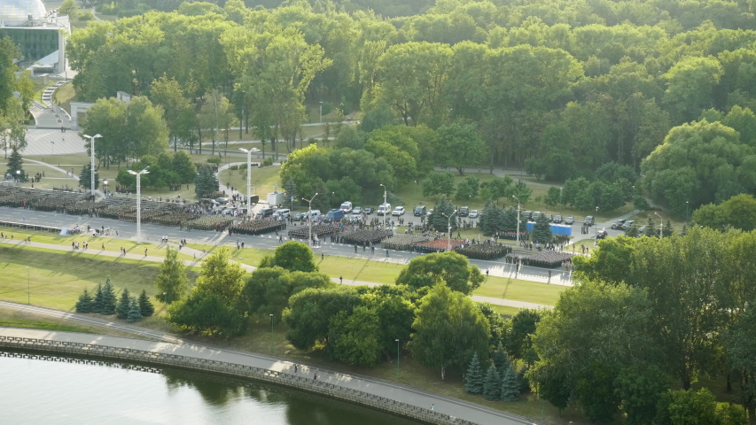 Military equipment and columns of people, independence day, parade, top view