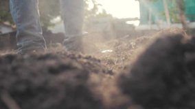 farmer digging the ground with a shovel garden spade close-up. slow motion video. man farmer working in the garden agriculture concept summer garden lifestyle
