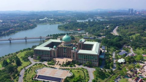 4K UHD Aerial Footage Of Perdana Putra Complex Putrajaya Malaysia. Located On The Main Hill In Putrajaya, It Has Become Syonymous With The Executive Branch Of The Malaysian Federal Government. 