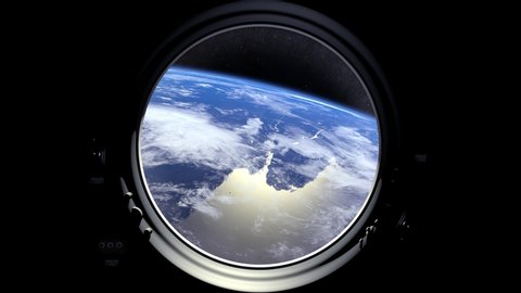 Earth as seen through window of International space station. The horizon turns right. Flight Of The Space Station. Realistic atmosphere. Volumetric clouds. Starry sky. 4K.