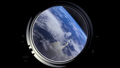 Earth as seen through window of International space station. The horizon turns left. Flight Of The Space Station. Realistic atmosphere. Volumetric clouds. Starry sky. 4K.