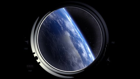 A view of the Earth through the porthole of a spaceship. The horizon is turning left. International space station is orbiting the Earth. Realistic atmosphere. 3D Volumetric clouds. Space. ISS. 4K.