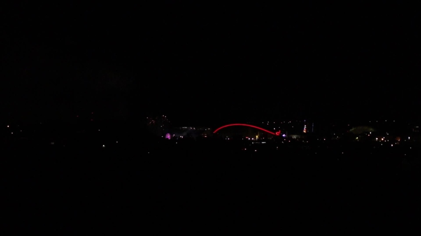 Fireworks display at the end of the day during the 2019 Calgary Stampede. View from hill overlooking downtown.