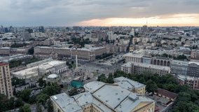 Establishing Aerial view of Kiev (Kyiv), Maidan Nezalezhnosti, St. Sophia's Cathedral, City Center, Dnieper river, Ukraine