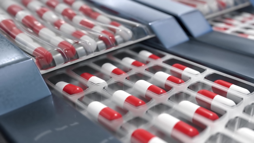 Pharmaceutical production of pills and drugs on manufacturing line. Looping animation. | Shutterstock HD Video #1034569226