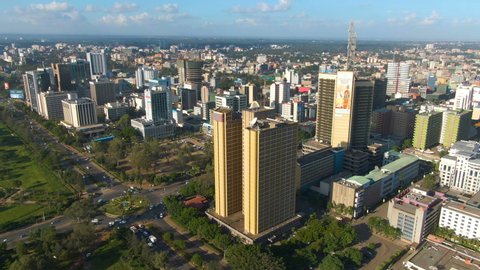 Nairobi / Kenya - 12 27 2018: Aerial view of big city in Africa with big buildings