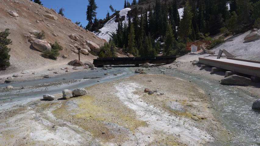 4K video of Bumpass Hell in Lassen Volcanic National Park, California - July 28, 2019. A popular tourist destination famous for geothermal features.