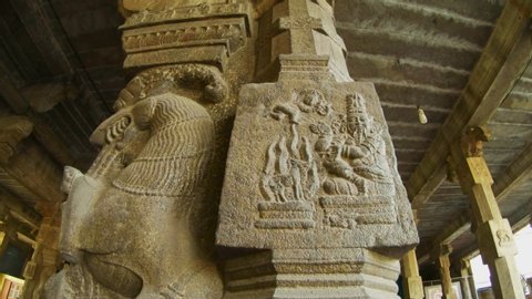 ancient bas-relief on wall of medieval hindu temple Ekambareswarar Linga of Earth element Kanchipuram Dravidian style sourthern India Tamil Nadu
