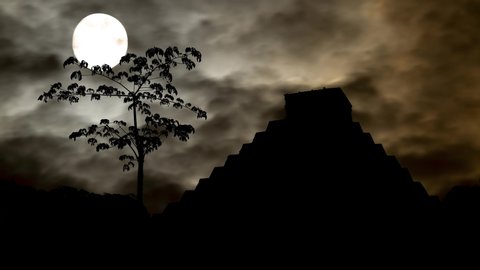 Mexico: Mayan Pyramid Kukulcan Temple in Silhouette, Time Lapse by Night with Full Moon, Dark Sky and Bright Clouds, Chichen Itza