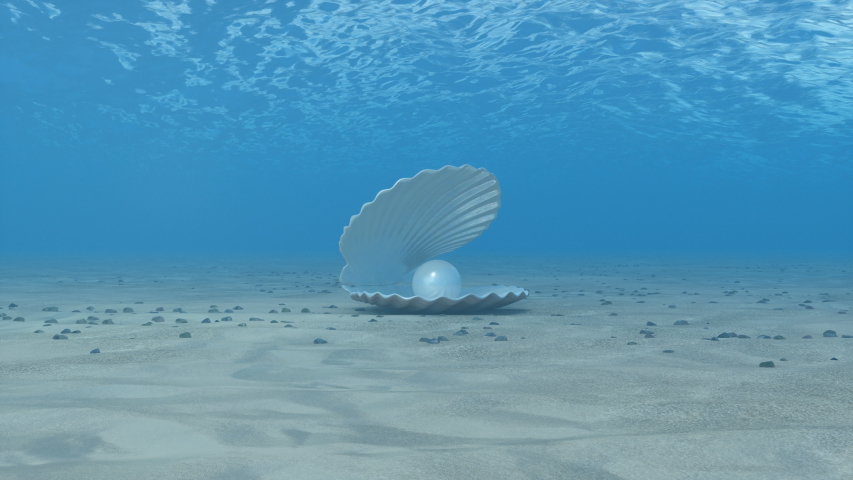 Pearl inside a seashell. Beautiful pearl in the shell on the seabed. Rays of sunlight shining from above penetrate deep clear blue water. Caustic effect in the seabed. Sunlight beams underwater. 4K | Shutterstock HD Video #1034613266