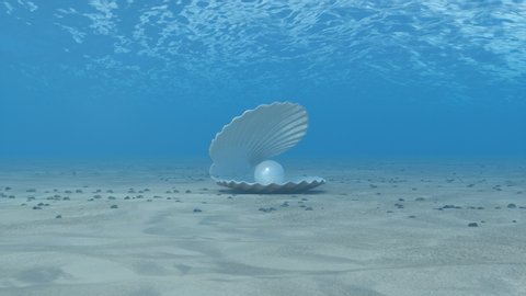 Pearl inside a seashell. Beautiful pearl in the shell on the seabed. Rays of sunlight shining from above penetrate deep clear blue water. Caustic effect in the seabed. Sunlight beams underwater. 4K