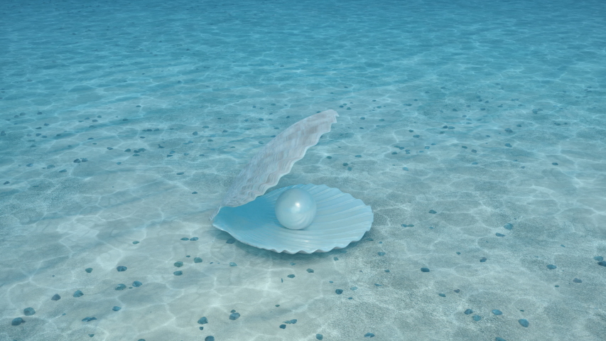 Pearl inside a seashell. Beautiful pearl in the shell on the seabed. Rays of sunlight shining from above penetrate deep clear blue water. Caustic effect in the seabed. Sunlight beams underwater. 4K Royalty-Free Stock Footage #1034613269
