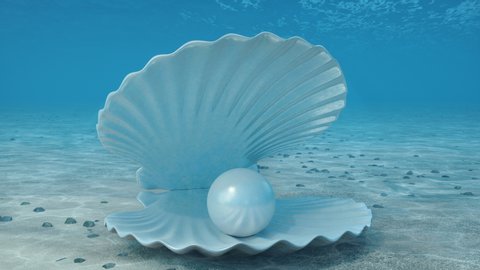 Pearl inside a seashell. Beautiful pearl in the shell on the seabed. Rays of sunlight shining from above penetrate deep clear blue water. Caustic effect in the seabed. Sunlight beams underwater. 4K