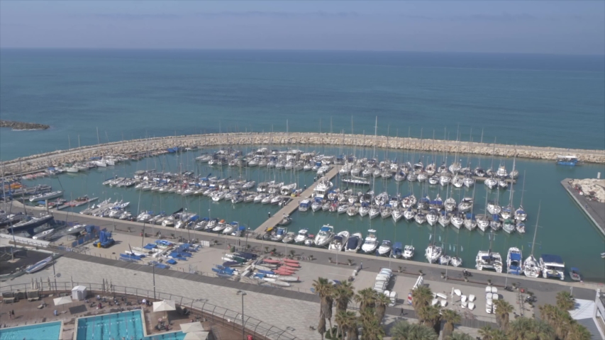 Pan of harbour to the beaches during daylight from hotel terrace, Tel Aviv, Israel, Middle East