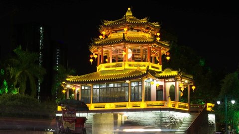 Time lapse of "Jinxian Gate Tower" at night. Jieyang city, Guangdong province , China. 2nd of July 2019