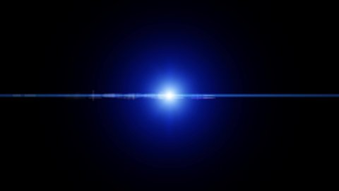 Bright blue light with lens flare effect appearing on the left and disappearing on the right on black background, vertically centered