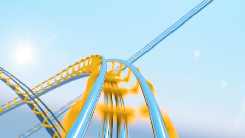 Extremely Fast Ride on Roller-Coaster With Sun Shining on Blue Sky Seamless. Looped 3d Animation of Abstract Roller Coaster Circle Attraction. Entertainment Concept. 4k Ultra HD 3840x2160.