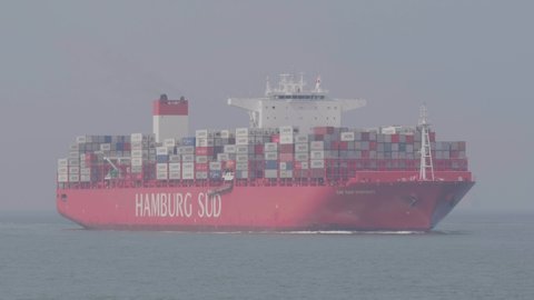Rotterdam, Zuid-Holland/Netherlands -Jun 4-7-19-  Container vessel Cap San Vincent from shipping company Hamburg Sud is sailing to the port of Rotterdam. The big container ship is fully loaded. 