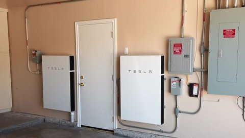 Los Angeles , California / United States - 08 01 2019: Tesla’s Powerwall home energy storage battery, closeup