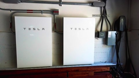 Los Angeles , California / United States - 08 01 2019: Tesla’s Powerwall home energy storage battery, closeup