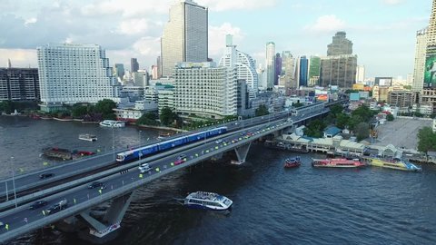 BANGKOK, THAILAND - July 20 : Aerial view BTS Skytrain or The Bangkok Mass Transit System running on   July 20, 2019 in Bangkok. BTS Route has been designed to help people discover
