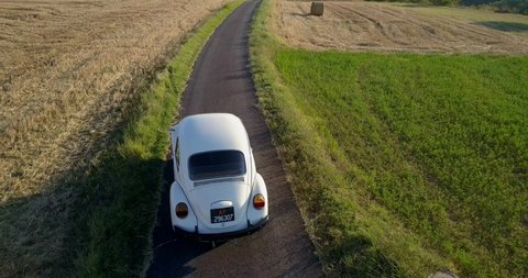 PEDASO, ITALY - AUGUST 2019: Old Volkswagen Beetle aerial view running in the countryside.