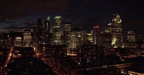 4K Aerial Drone Footage Night City Shot Downtown Montreal, Quebec