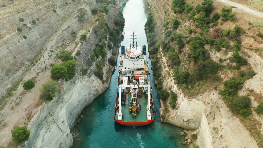 Ship passing through Corinth Canal in Greece