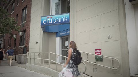 New York, NY / USA - July 2, 2019: Citibank branch in the Upper East Side at 123 East 86th St. Day exterior with people passing by.