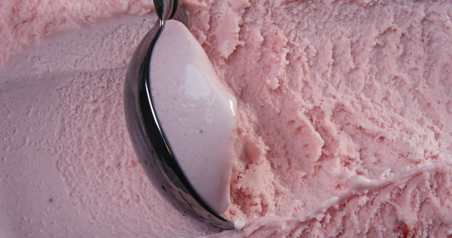 Top view of strawberry flavour ice cream with scoop in box 4k | Shutterstock HD Video #1034666678
