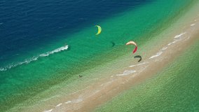 Aerial drone video of popular to kite surfers sand bar and beach of Drepano, Achaia, Patra, Greece