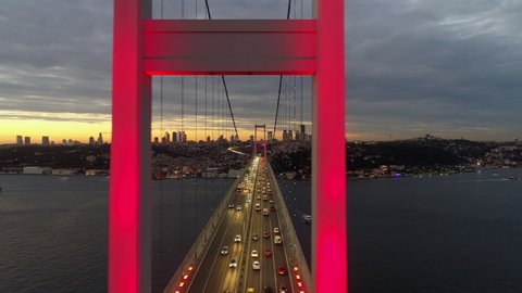 Aerial view of sunset on Istanbul Bosphorus Bridge (15 July Martyrs Bridge). 4K Footage in Turkey