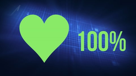 Animation of heart shape and percent increasing from zero to one hundred filling in green on blue background with grid