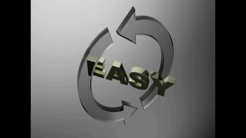 The word EASY in golden letters, surrounded by two transparent arrows that are rotating around it - 3D rendering video clip
