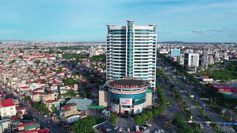 July 27/2019 afternoon at Cat bi plaza - Le Hong Phong avenue 4k aerial video, Haiphong, Vietnam