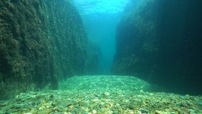 A passage between large rocks underwater, Mediterranean sea, Spain, Costa Brava, Aigua Xelida, Palafrugell, Catalonia