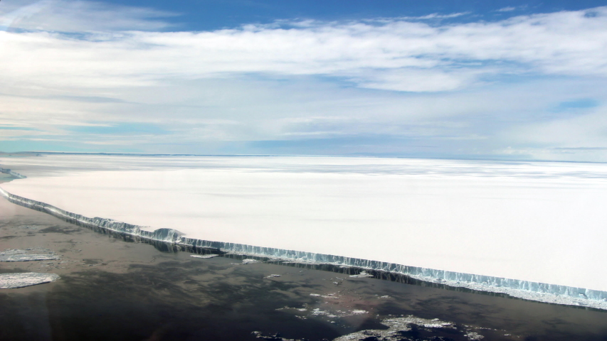 Iceberg A 68 landscape view birdseye animation on rift in Antarctica Larsen C Ice Shelf. Contains public domain image by Nasa
