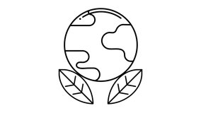The animation of vector icon the earth with a leaf. The world and leaf in lineal vector style. simple symbols of earth and green. The video of vector icon world and big leaf in outliner style.
