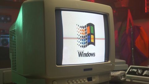 Windows screen on a vintage computer monitor. 90s retro look footage MONTREAL, CANADA - JULY 2019