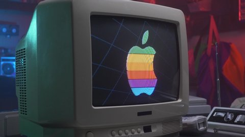 Apple Macintosh retro logo on Old Computer - TV Screen MONTREAL, CANADA - JULY 2019