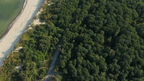 Video from above, aerial view of a beautiful Wild Island. Aerial view. 4K UHD. Flying on a drone in wild along coast. Epic view. Aerial top view of summer green trees in forest. Seascape at sea Coast