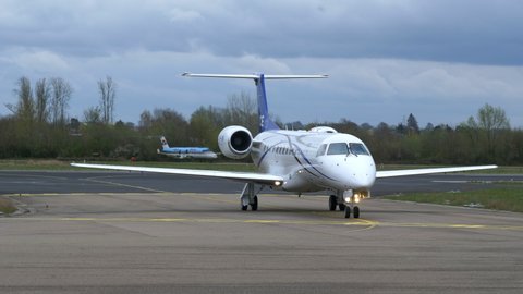 Maastricht / Netherlands - 04 03 2019: Private Plane Taxiing In After Flight. Maastricht Airport, Netherlands. 03 April, 2019