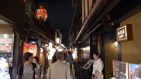 Kyoto , Kyoto / Japan - 09 03 2018: A lot of tourist walking Pontchou district restaurant street in Kyoto Japan.