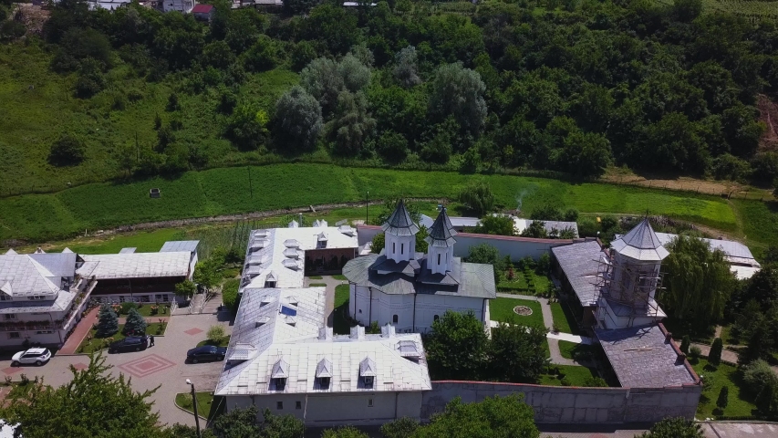 Aerial view of the Orthodox Christian monastery in the city of Slatina, Romania. Clocochiov monastry.