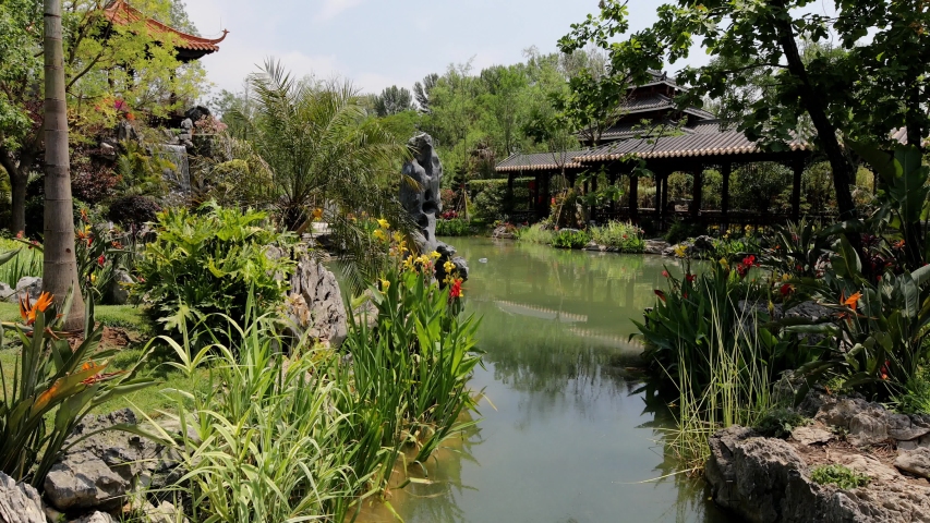 Traditional Chinese City Garden Park. 4K Footage.