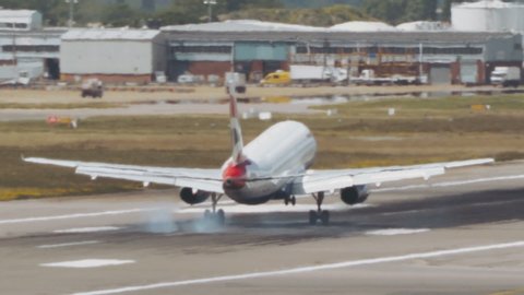 London Heathrow, United Kingdom - 05 12 2019: Extreme close-up British Airways landing plane 2