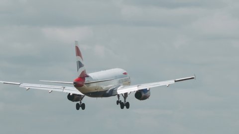 London Heathrow, United Kingdom - 05 12 2019: 4k Extreme close-up British Airways landing plane 4